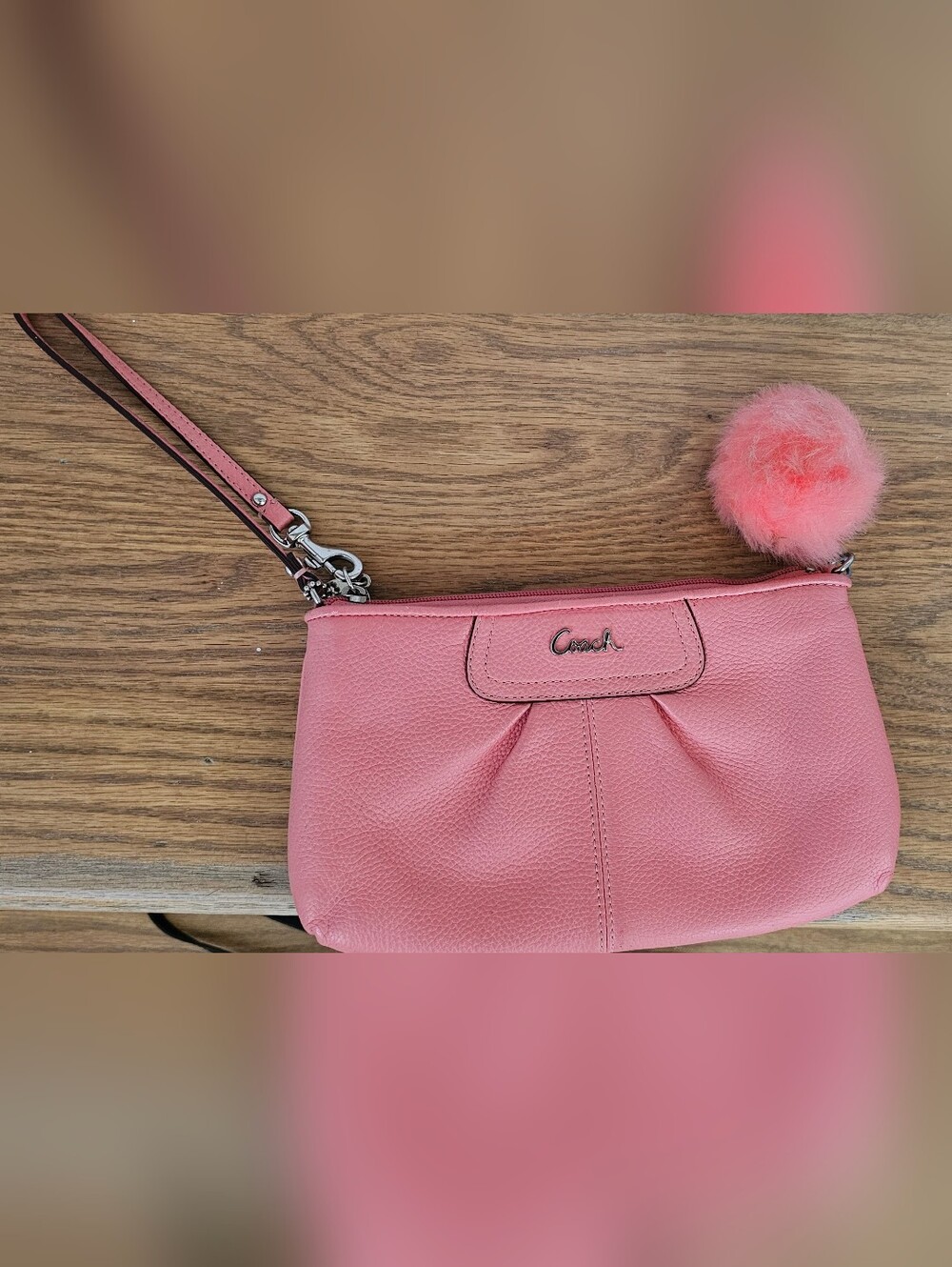 Vintage Early 2000s Coach Peachy Leather Wristlet with Fluffy Pom Pom Key Chain